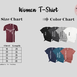 May include: Women's t-shirt size chart with measurements in inches. The chart shows the chest and length measurements for sizes S, M, L, XL, and 2XL. A color chart shows the available colors: black, heather dark grey, heather light grey, white, heather navy, heather teal, and heather mauve.