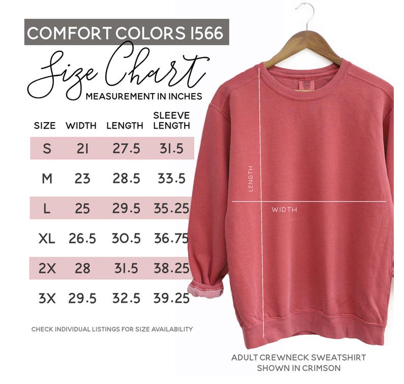 a size chart for a crew neck sweatshirt, with measurements in inches and a corresponding image of the sweatshirt.