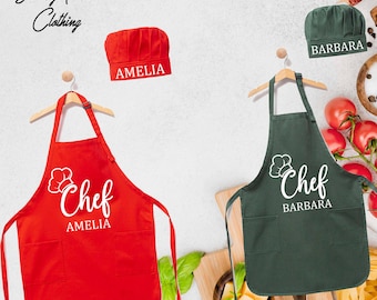 Chef Printed Apron, Printed Kitchen Apron for Women & Men, Personalized Logo Chef Hat and Apron With Pockets, Adult Chef Hat, Custom Apron