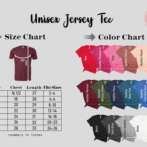 Puede incluir: Tabla de tallas para camiseta unisex de jersey con medidas en pulgadas para el pecho y la longitud, y tallas de ajuste correspondientes. La tabla de colores muestra varios colores, incluyendo rojo, granate jaspeado, negro, verde militar jaspeado, frambuesa jaspeado, gris oscuro jaspeado, azul marino jaspeado, rosa, jaspeado atl&eacute;tico, azul teal jaspeado, malva jaspeado, blanco y azul columbia jaspeado.