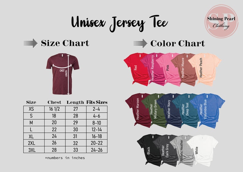 Puede incluir: Tabla de tallas para camiseta unisex de jersey con medidas en pulgadas para el pecho y la longitud, y tallas de ajuste correspondientes. La tabla de colores muestra varios colores, incluyendo rojo, granate jaspeado, negro, verde militar jaspeado, frambuesa jaspeado, gris oscuro jaspeado, azul marino jaspeado, rosa, jaspeado atl&eacute;tico, azul teal jaspeado, malva jaspeado, blanco y azul columbia jaspeado.