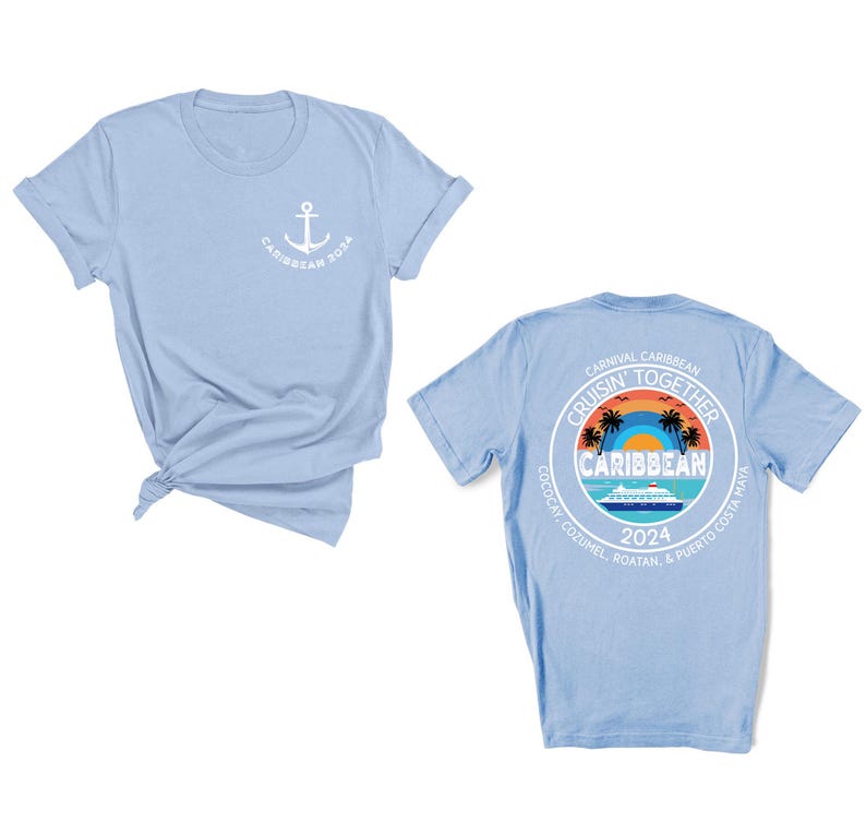 a blue shirt with a picture of a beach and an anchor on it