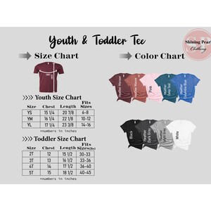 May include: Youth and toddler size chart for t-shirts with color chart showing different colors available. The size chart shows chest and length measurements in inches and corresponding age ranges. The color chart shows a variety of colors including heather maroon, heather mauve, pink, deep teal, columbia blue, black, heather dark grey, heather light grey, and white.