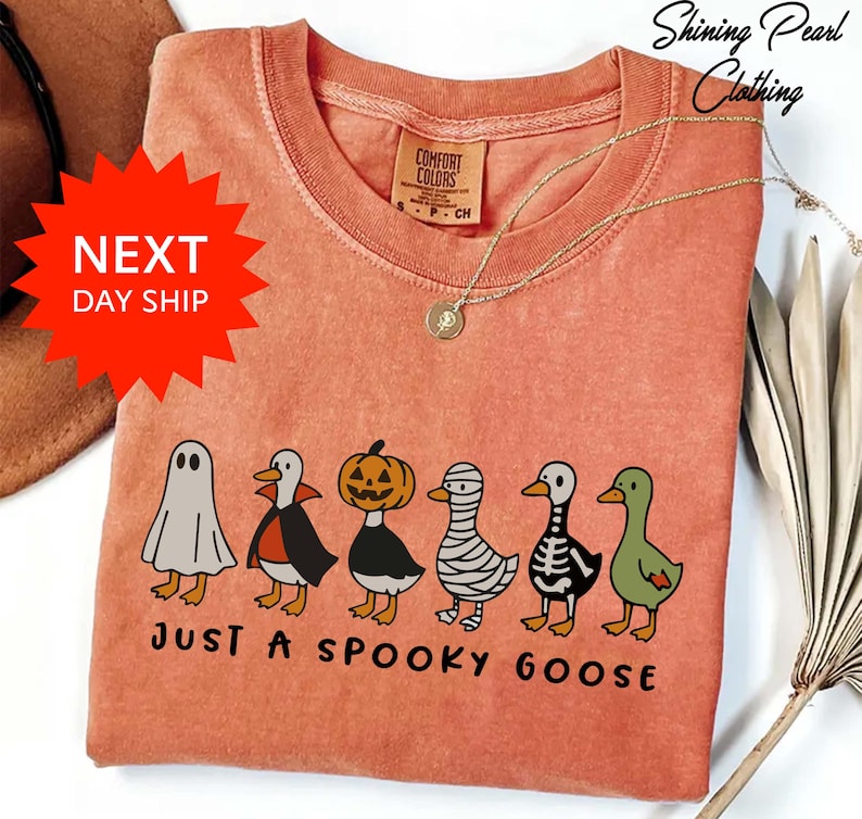 Funny Halloween shirt, Spooky Season shirt, Spooky Goosey Shirt, Funny Goose Shirt Comfort Colors® Shirt along with the text "Just a spooky goose".
