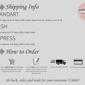 May include: A graphic showing shipping options for a clothing store called Shining Pearl Clothing. The options are Standard, Rush, and Express. The graphic also shows a step-by-step guide on how to order a T-shirt.