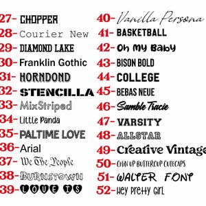 a list of various names and phrases written in different fonts and sizes, ranging from 27 to 39. The list includes names like "Chpper", "COURIER New", "DIAGOND LAKE", "Franklin Gothic", "Horndon", "STENCILLA", "SAMBLE TRACIE", "VARSITY", "PALTIME LOVE", "Ariel", "CREATIVE VINTAGE", "CHIN UP BUTTERCUP CUTCAPS", "WALTER FONY", and "HEY PRETY GIRL".