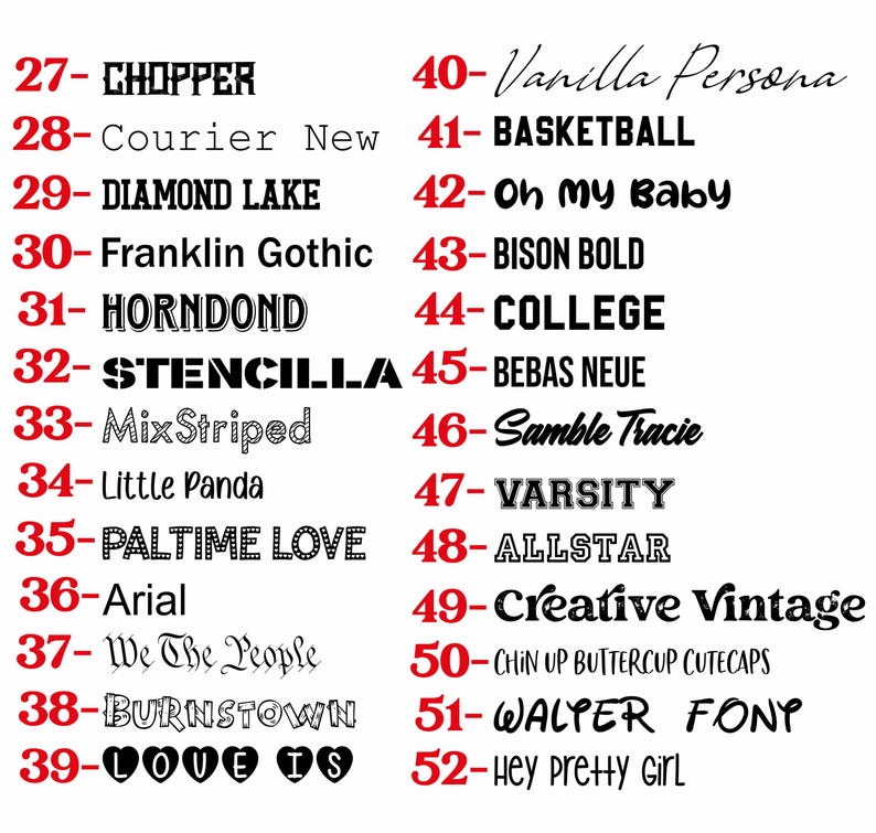 a list of various names and phrases written in different fonts and sizes, ranging from 27 to 39. The list includes names like "Chpper", "COURIER New", "DIAGOND LAKE", "Franklin Gothic", "Horndon", "STENCILLA", "SAMBLE TRACIE", "VARSITY", "PALTIME LOVE", "Ariel", "CREATIVE VINTAGE", "CHIN UP BUTTERCUP CUTCAPS", "WALTER FONY", and "HEY PRETY GIRL".