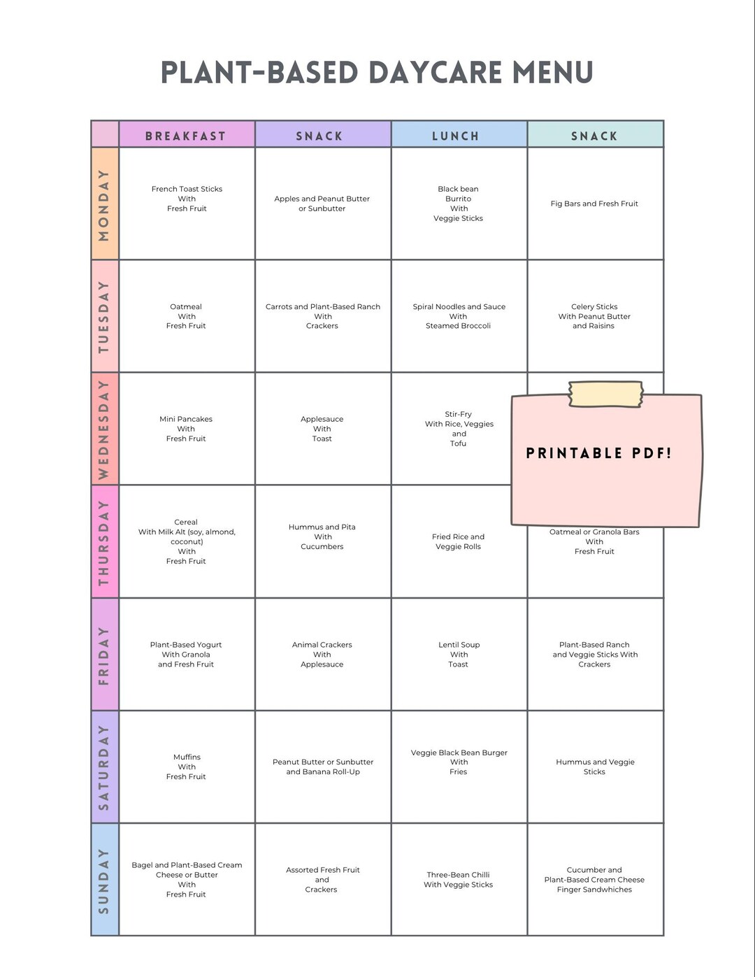 Kindercare Menu Printable Plant-based Daycare or Preschool Menu - Etsy