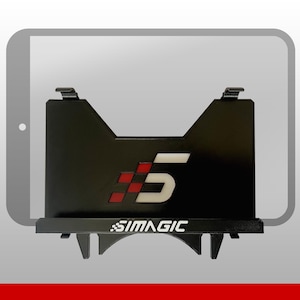 May include: A black metal tablet mount featuring the white text SIMAGIC on the bottom ledge. The center of the mount displays a graphic with a red checkered pattern next to a large white number 5. The mount has a cutout top edge and hooks.