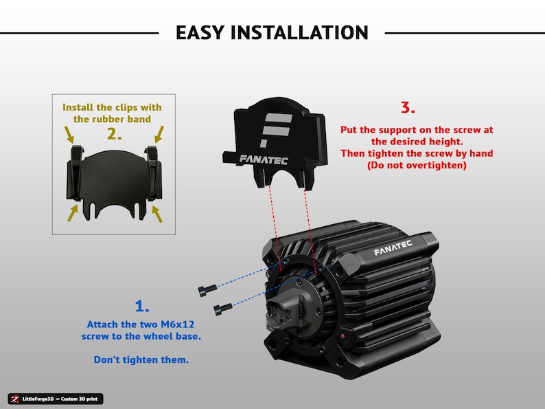 Op de afbeelding: Een instructieafbeelding voor een Fanatec-wielbasis met drie installatiestappen. Het bevat een zwarte montagebeugel, twee M6x12-schroeven en tekstinstructies waaronder 'EASY INSTALLATION', 'Install the clips with the rubber band' en 'Put the support on the screw at the desired height. Then tighten the screw by hand'.