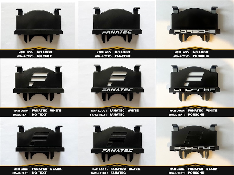 Op de afbeelding: Een raster van negen zwarte plastic stuurwieldoppen voor racesimulatoren. De doppen bevatten verschillende combinaties van het Fanatec-logo, het woord FANATEC en het woord PORSCHE in wit of zwart, waarbij sommige opties geen logo of tekst tonen.
