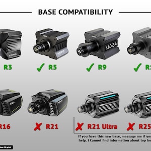 Może przedstawiać: Tabela kompatybilności zatytułowana BASE COMPATIBILITY przedstawiająca osiem czarnych baz kierownic wyścigowych Moza. Modele R3, R5, R9 i R12 mają zielone znaczniki. Modele R16, R21, R21 Ultra i R25 Ultra mają czerwone znaki X.