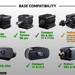 Op de afbeelding: Een compatibiliteitstabel getiteld BASE COMPATIBILITY met zeven zwarte Fanatec racestuur-bases. De afbeelding toont de modellen CSL DD, Gran Turismo DD Pro, Clubsport DD, Podium DD, CSL Elite, Clubsport v2, v2.5 en de Podium DD1 en DD2.