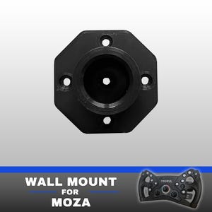 May include: A black octagonal wall mount for a Moza racing steering wheel. The mount features a central circular opening and four pre-drilled screw holes. The text "WALL MOUNT FOR MOZA" is printed below, alongside a small image of a racing wheel.