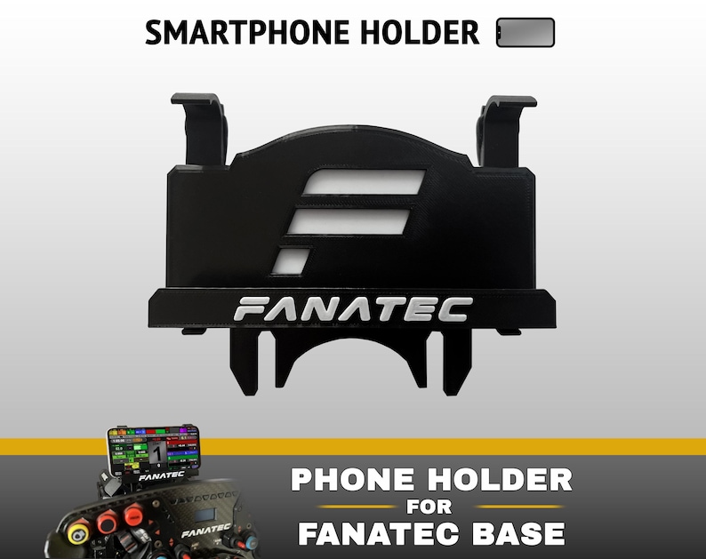 Op de afbeelding: Een zwarte smartphonehouder voor een Fanatec-basis, voorzien van het Fanatec-logo in witte tekst en een gestileerde F-uitsparing. Het apparaat bevat bovenste clips en een onderste montagebeugel voor bevestiging aan een racestuur-basis.