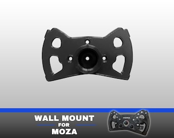 May include: A black plastic wall mount for a racing steering wheel, featuring a central circular hub and four mounting holes. The text "WALL MOUNT FOR MOZA" appears next to an inset image of a black racing steering wheel with buttons and dials.