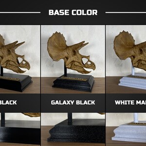 Puede incluir: R&eacute;plica de cr&aacute;neo de triceratops en tres opciones de color base: negro, negro galaxia y m&aacute;rmol blanco. El cr&aacute;neo es de color marr&oacute;n claro y est&aacute; montado sobre una base negra, negro galaxia o m&aacute;rmol blanco con una peque&ntilde;a placa.