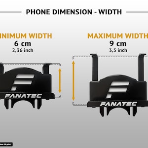 Op de afbeelding: Een zwarte Fanatec telefoonhouder met een wit logo, met een minimale breedte van 6 cm en een maximale breedte van 9 cm. De afbeelding bevat tekstlabels voor de breedte van de telefoonafmeting, minimale breedte en maximale breedte.