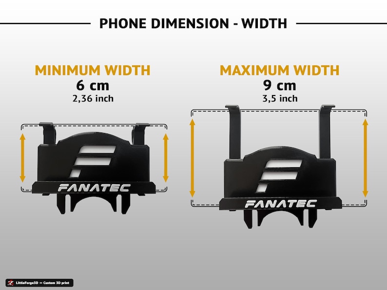 Op de afbeelding: Een zwarte Fanatec telefoonhouder met een wit logo, met een minimale breedte van 6 cm en een maximale breedte van 9 cm. De afbeelding bevat tekstlabels voor de breedte van de telefoonafmeting, minimale breedte en maximale breedte.