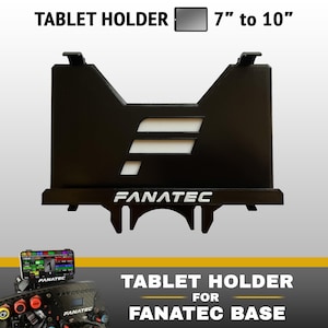 以下が含まれることがあります： Fanatecベース用の黒いタブレットホルダー。ロゴの切り抜きとFANATECの文字が特徴です。このホルダーは7インチから10インチのタブレットに対応しています。小さな挿入画像には、レーシングホイールベースに取り付けられたホルダーが示されています。