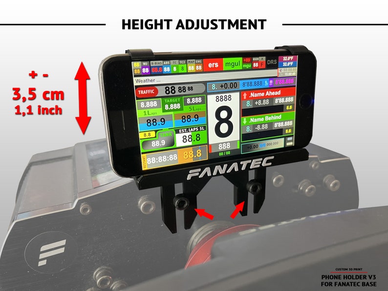 Phone Holder v3 for Fanatec base display your dashboard 3D printed CSW, CSL, GTDD, Podium SimRacing Phone mount. image 4