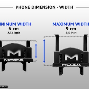 Może przedstawiać: Czarny uchwyt na telefon Moza z regulowanymi ramionami. Obraz pokazuje minimalną szerokość 6 cm i maksymalną szerokość 9 cm. Etykiety tekstowe wskazują szerokość wymiaru telefonu, minimum oraz maksimum dla tego uchwytu.