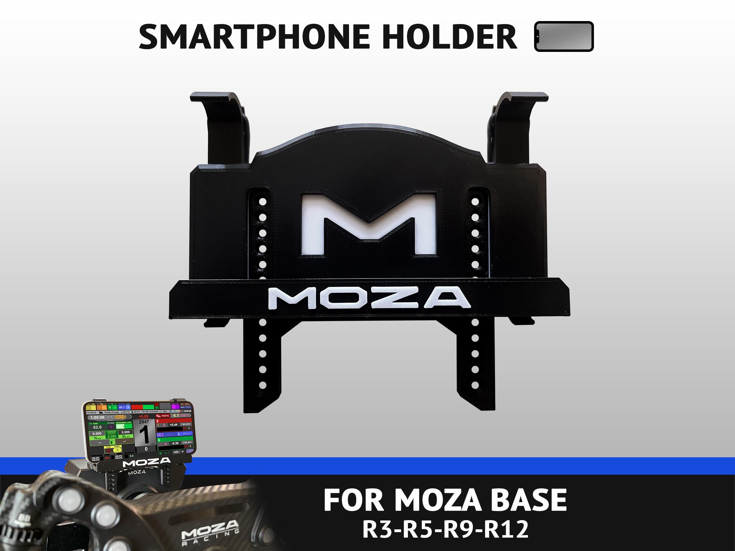 Soporte para teléfono para base Moza R3 R5 R9 R12 - muestra tu tablero - Impreso en 3D - SimRacing - Soporte para teléfono.