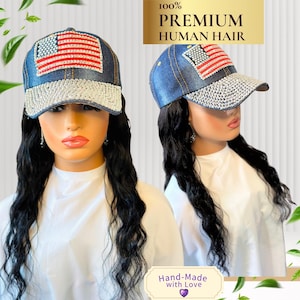 Blue Jean Hat with 100% Human Hair Added USA Flag Bling Beach Baseball Wig Cap Gift for Her Chemo