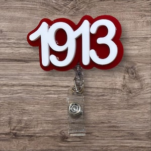 1913 Delta Sigma Theta Sorority Badge Reel - Red and White Logo with Clear Retractable Alligator Clip