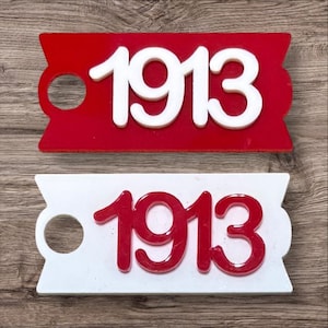 May include: Two rectangular tags, one red and one white, each displaying the number "1913" in a contrasting color. The red tag has white numbers, and the white tag has red numbers. Each tag has a circular hole on the left side.