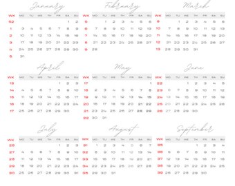 week number calendar etsy