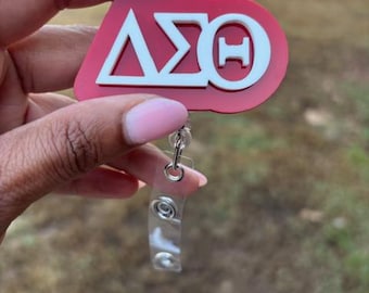 Delta Sigma Theta Sorority Badge Reel - Red and White Logo with Clear Retractable Alligator Clip - Certified Vendor