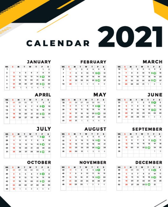 printable 2021 bi weekly pay calendar with week numbers etsy