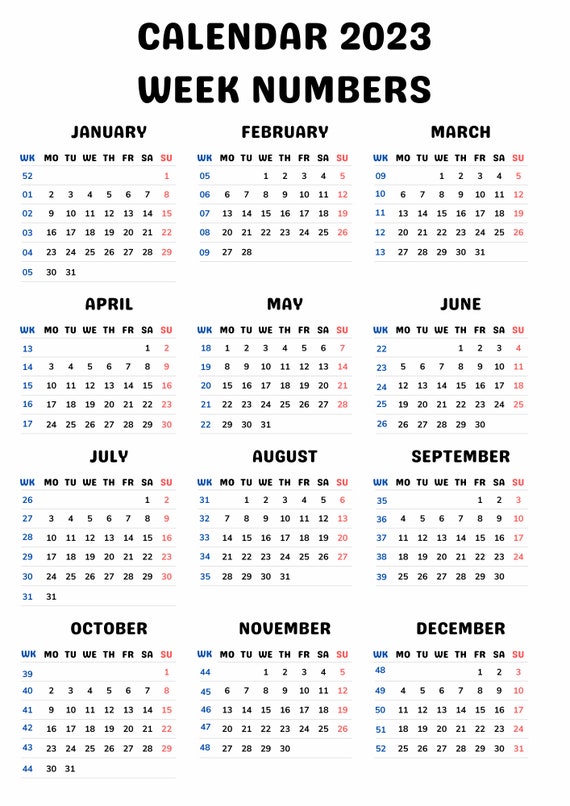 2023 Minimalist Year Calendar With Week Numbers - Etsy