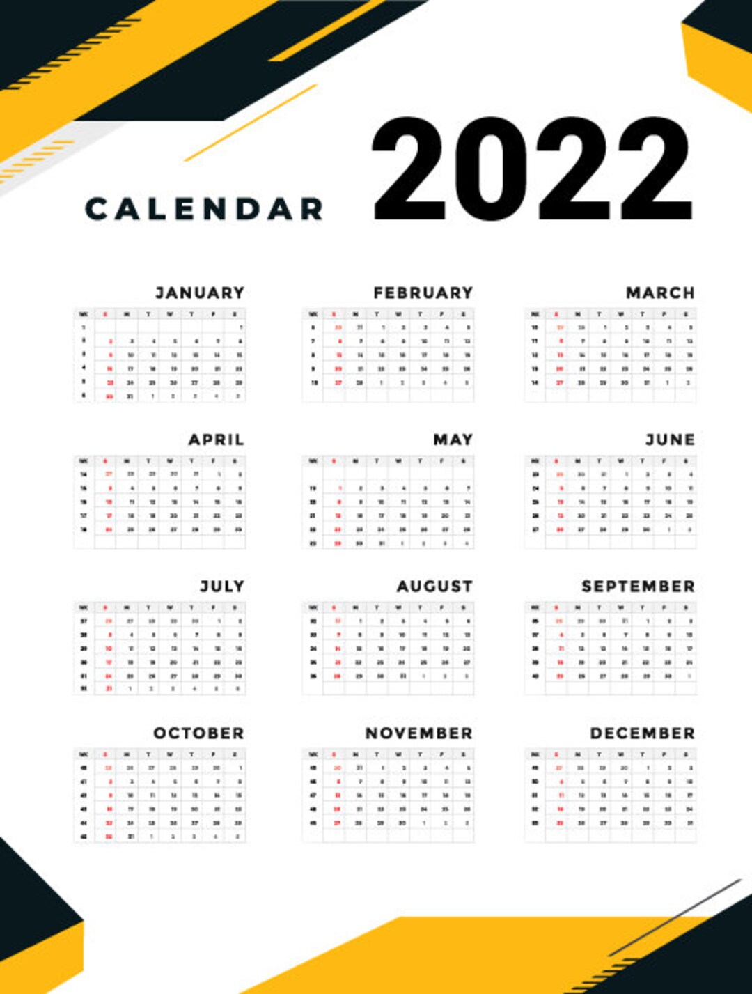 Printable 2022 Calendar With Week Numbers Modern Design - Etsy