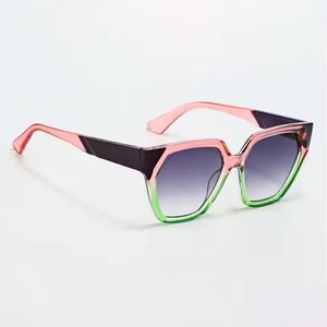 Women\'s Green Pink Trendy Rectangle Retro Aviator Sunglasses Elegant Frame Transparent Pink Geek-Chic Thick Rectangle Polarized  main image 4