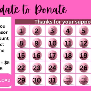 May include: Pink calendar with basketballs representing each day of the month. The text says "Pick a date to Donate" and "Thanks for your support".