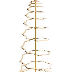 May include: A wooden Christmas tree stand with a star on top. The stand is made of plywood and has a spiral design. It is a great way to display baubles and other decorations.