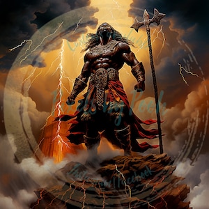 May include: A muscular, dark-skinned figure stands on a rocky outcropping, holding a spear with a three-pronged head. The figure wears a red and brown loincloth and a metal breastplate. Lightning strikes in the background, illuminating the scene.
