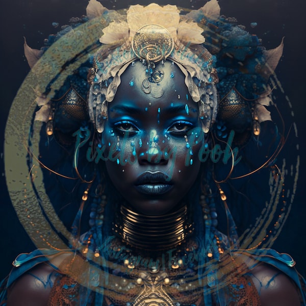Figlia di Yemoja/ Bella donna afroamericana/ Orisha/ Arte digitale/ PNG/