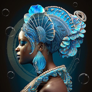 Yemoja|Yemaya|Side Profile| Beautiful African American Woman| Orisha| Digital Art| PNG|