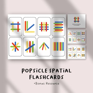 May include: A set of Popsicle Spatial Flashcards with bonus resources. The flashcards feature colorful geometric designs on a white background. The designs include lines, angles, and shapes in red, yellow, blue, and green. The text "Popsicle Spatial Flashcards" is at the bottom.
