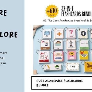 May include: A 32-in-1 flashcards bundle featuring educational cards with illustrations and text including words like cube, addition, question mark, zero, paint, in, mine, wavy, red, circus, monday, noun, fast, slow, the, and june on metal rings.