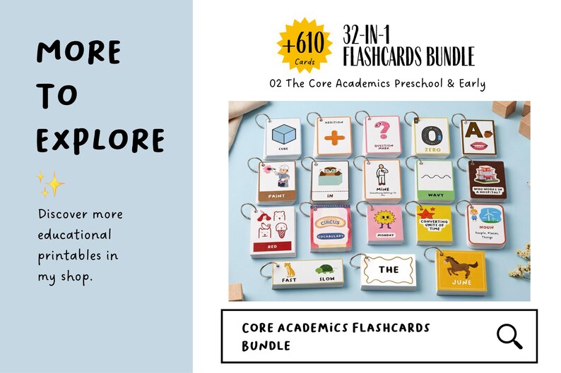 May include: A 32-in-1 flashcards bundle featuring educational cards with illustrations and text including words like cube, addition, question mark, zero, paint, in, mine, wavy, red, circus, monday, noun, fast, slow, the, and june on metal rings.