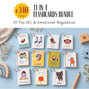 Puede incluir: Un paquete de 11 juegos de 340 tarjetas titulado 01 The SEL & Emotional Regulation. El conjunto incluye pequeñas tarjetas rectangulares en anillos de metal con ilustraciones coloridas y texto como Memory Card Games, I am brave y Tired.
