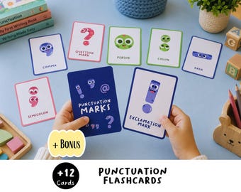 May include: A set of educational flashcards featuring cartoon characters representing punctuation marks. The cards display symbols like a comma, question mark, period, colon, dash, semicolon, and exclamation mark with text labels.