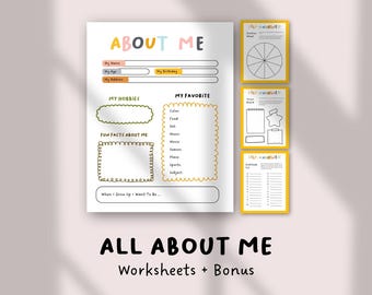 May include: A white worksheet titled "ABOUT ME" with fill-in sections for personal details and favorites. Includes additional worksheets with a color wheel, vision board, and gratitude list. The text "ALL ABOUT ME Worksheets + Bonus" is at the bottom.