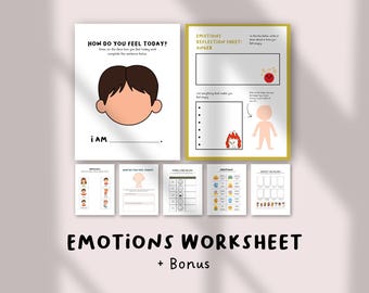 Può includere: Un set di fogli di lavoro sulle emozioni stampabili. Il foglio di lavoro principale chiede "Come ti senti oggi?" con una grafica del viso. Altri fogli di lavoro includono un foglio di riflessione sulla rabbia e grafici delle emozioni. Il testo "Emotions Worksheet + Bonus" è in basso.