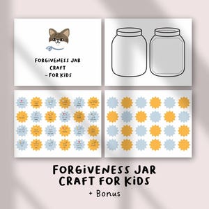 May include: A set of four white cards with illustrations and text. The top left card features a cat illustration and the text "FORGIVENESS JAR CRAFT - FOR KIDS." The top right card shows two jar outlines. The bottom cards display star-shaped designs.