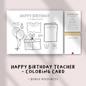 Happy Birthday Teacher Coloring Card | Printable Birthday Card from Student | DIY Teacher Appreciation Gift | Classroom Keepsake Activity